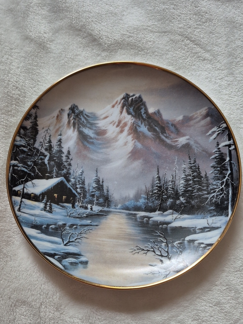 Franklin Mint Blue, White and Gold Winter Mountain Plate